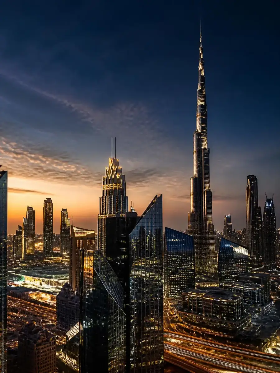 Dubai skyline at dusk with the Burj Khalifa and the downtown financial district